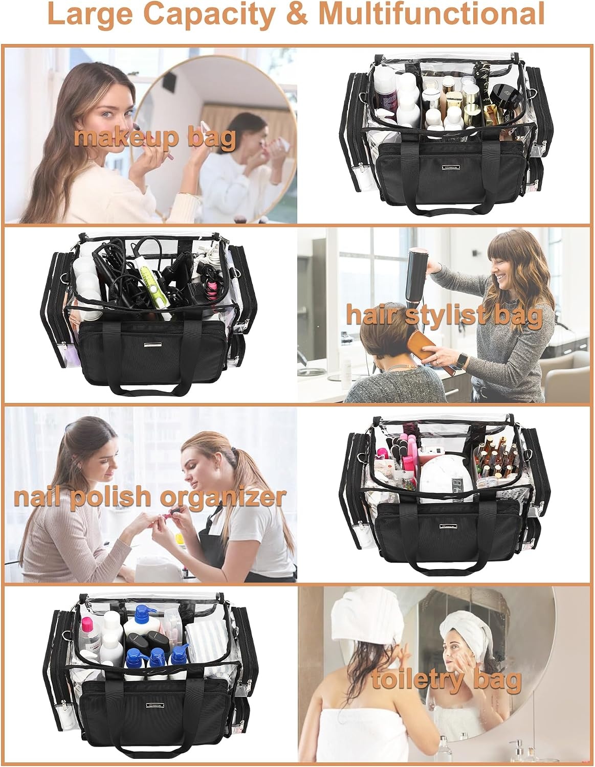 image:imageRelavel Clear Makeup Bag Extra Large Makeup Artist Kit Set Cosmetic Storage Organizer Hair Stylist Traveling Bag Transparent Tote Duffle Beach Toiletry Bag with Adjustable Dividers amp Shoulder StrapClear with 2 Clear Pouches