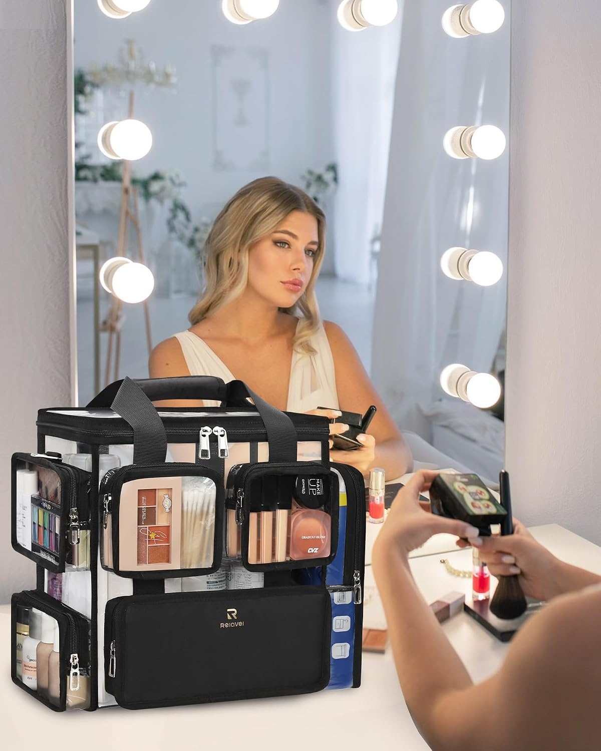 image:imageRelavel Clear Makeup Bag Extra Large Makeup Artist Kit Set Cosmetic Storage Organizer Hair Stylist Traveling Bag Transparent Tote Duffle Beach Toiletry Bag with Adjustable Dividers amp Shoulder Strapclear with front pockets