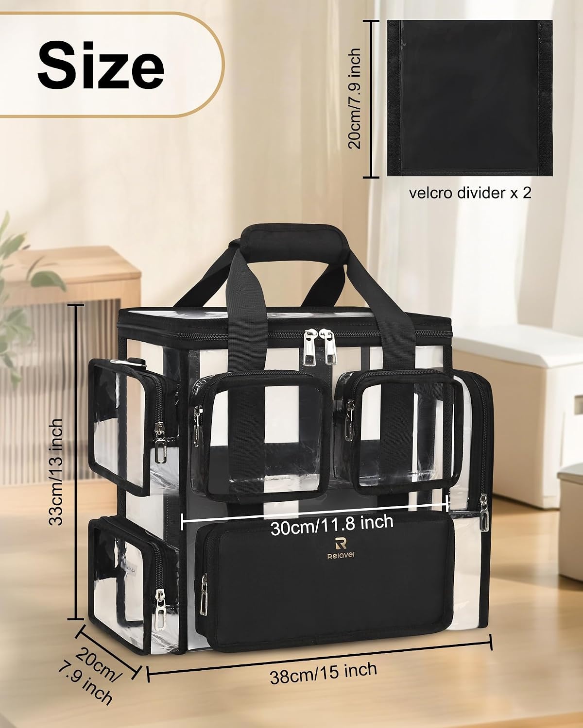 image:imageRelavel Clear Makeup Bag Extra Large Makeup Artist Kit Set Cosmetic Storage Organizer Hair Stylist Traveling Bag Transparent Tote Duffle Beach Toiletry Bag with Adjustable Dividers amp Shoulder Strapclear with front pockets