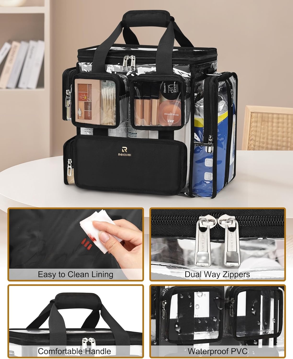 image:imageRelavel Clear Makeup Bag Extra Large Makeup Artist Kit Set Cosmetic Storage Organizer Hair Stylist Traveling Bag Transparent Tote Duffle Beach Toiletry Bag with Adjustable Dividers amp Shoulder Strapclear with front pockets