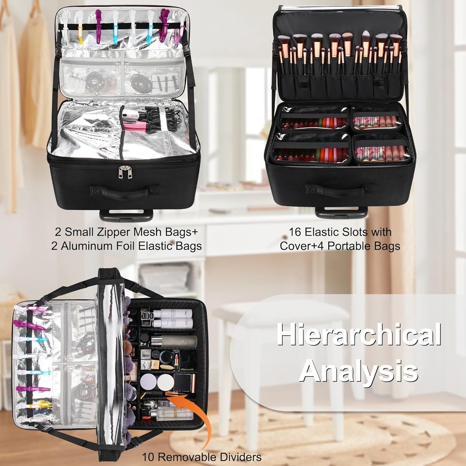 image:imageRelavel Extra Large Makeup Case Professional Cosmetic Storage Organizer Box Brush Holder with 4 Clear Set Bags amp Lipstick Plate for Makeup Artists with Shoulder Strap amp Adjustable DividersBlack with 4 Small Bags