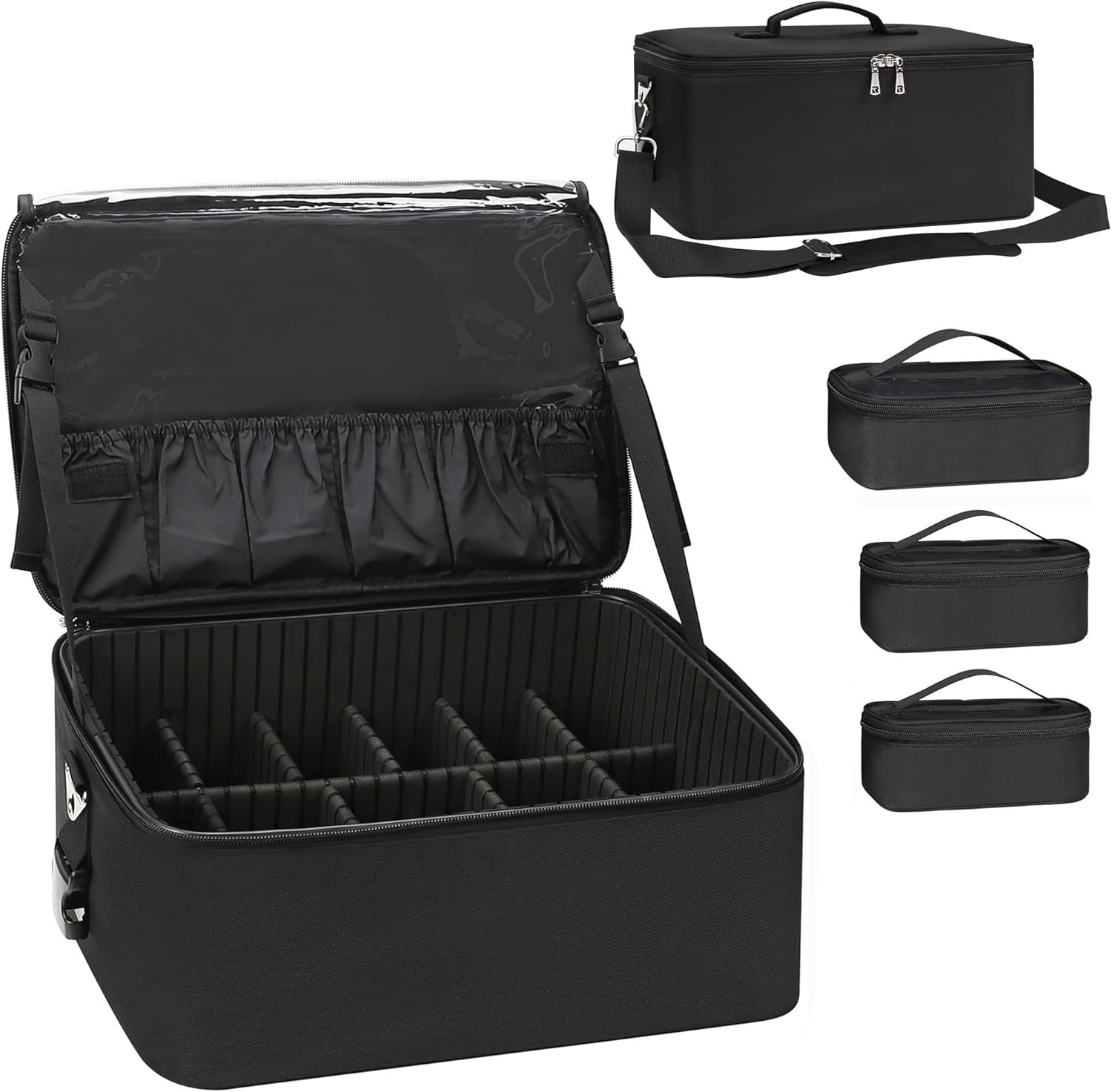 image:imageRelavel Extra Large Makeup Case Professional Cosmetic Storage Organizer Box Brush Holder with 4 Clear Set Bags amp Lipstick Plate for Makeup Artists with Shoulder Strap amp Adjustable DividersBlack