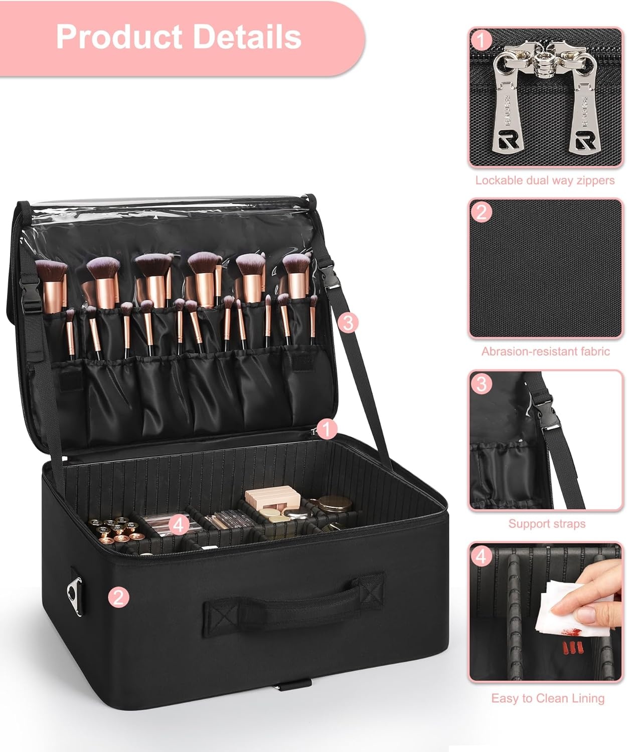 image:imageRelavel Extra Large Makeup Case Professional Cosmetic Storage Organizer Box Brush Holder with 4 Clear Set Bags amp Lipstick Plate for Makeup Artists with Shoulder Strap amp Adjustable DividersBlack with extra 4 samll bags