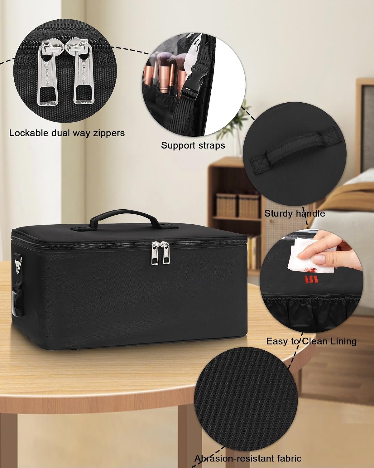 image:imageRelavel Extra Large Makeup Case Professional Cosmetic Storage Organizer Box Brush Holder with 4 Clear Set Bags amp Lipstick Plate for Makeup Artists with Shoulder Strap amp Adjustable DividersBlack