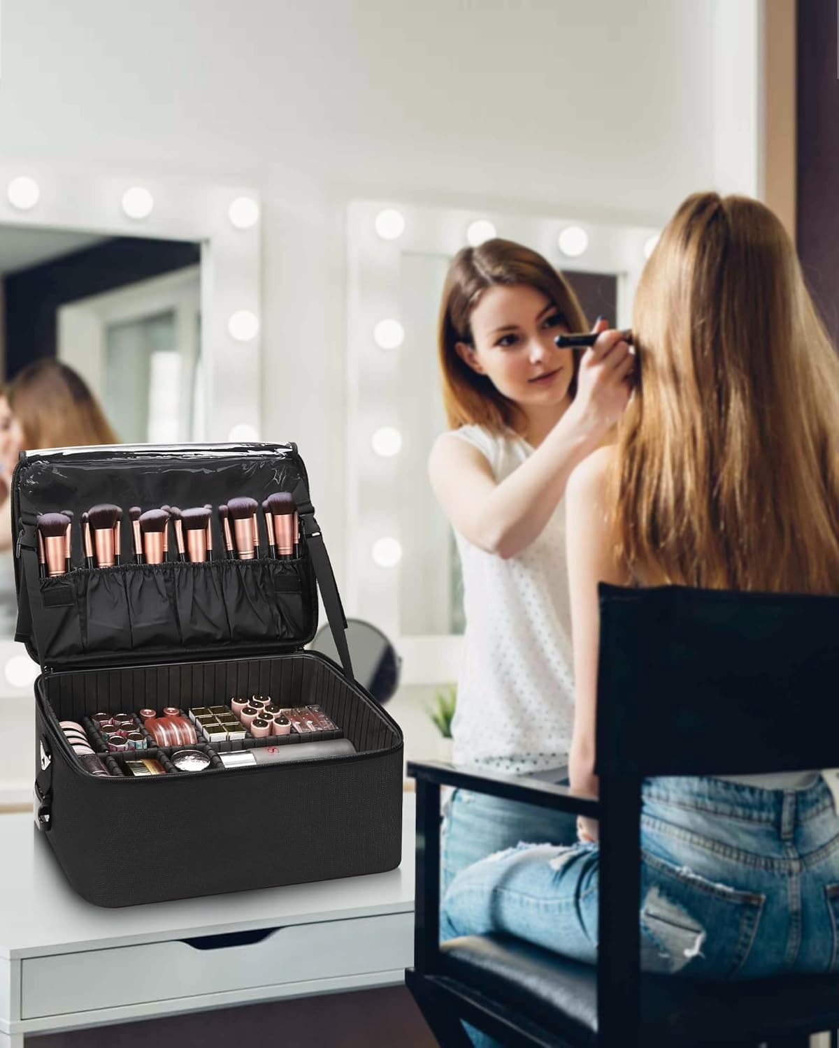 image:imageRelavel Extra Large Makeup Case Professional Cosmetic Storage Organizer Box Brush Holder with 4 Clear Set Bags amp Lipstick Plate for Makeup Artists with Shoulder Strap amp Adjustable DividersBlack
