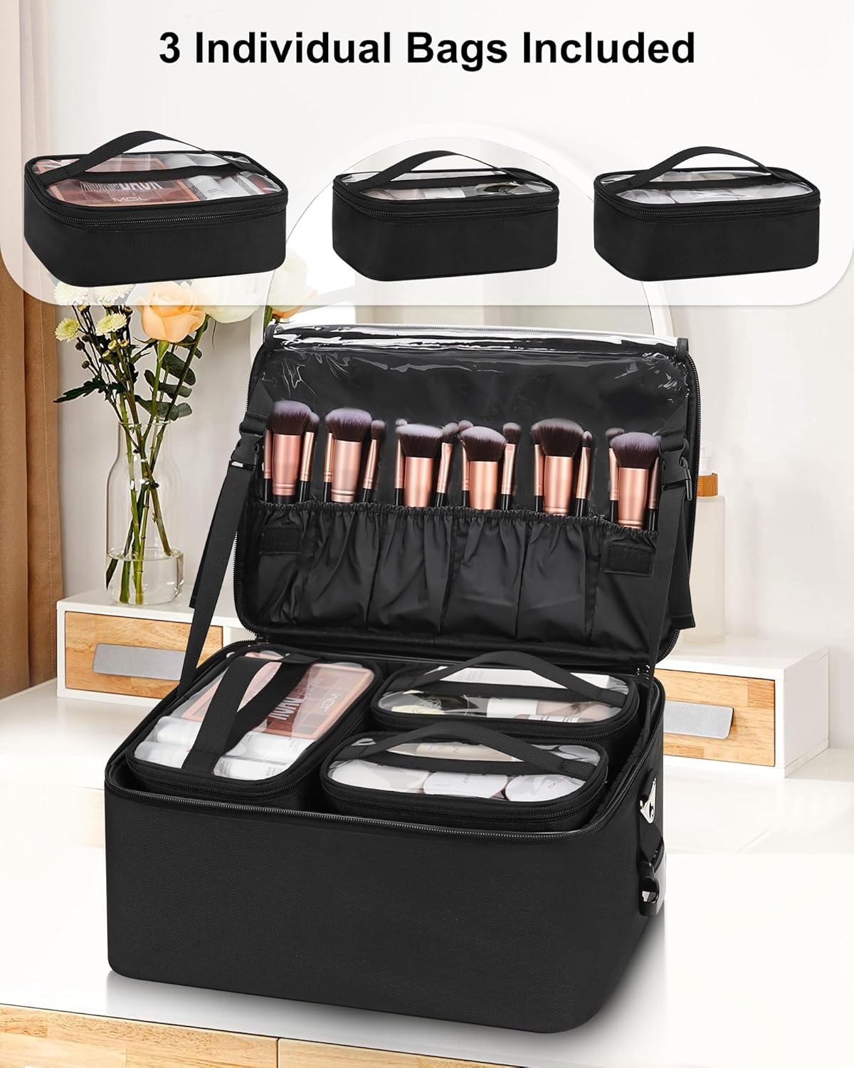 image:imageRelavel Extra Large Makeup Case Professional Cosmetic Storage Organizer Box Brush Holder with 4 Clear Set Bags amp Lipstick Plate for Makeup Artists with Shoulder Strap amp Adjustable DividersBlack