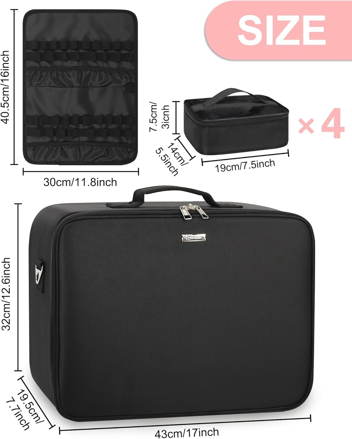 image:imageRelavel Extra Large Makeup Case Professional Cosmetic Storage Organizer Box Brush Holder with 4 Clear Set Bags amp Lipstick Plate for Makeup Artists with Shoulder Strap amp Adjustable DividersBlack