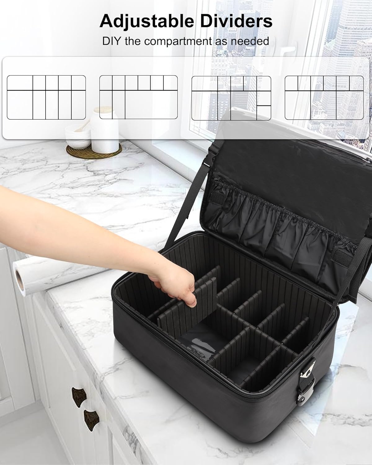 image:imageRelavel Extra Large Makeup Case Professional Cosmetic Storage Organizer Box Brush Holder with 4 Clear Set Bags amp Lipstick Plate for Makeup Artists with Shoulder Strap amp Adjustable DividersBlack