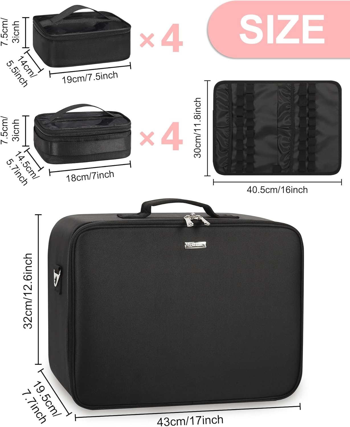 image:imageRelavel Extra Large Makeup Case Professional Cosmetic Storage Organizer Box Brush Holder with 4 Clear Set Bags amp Lipstick Plate for Makeup Artists with Shoulder Strap amp Adjustable DividersBlack with extra 4 samll bags