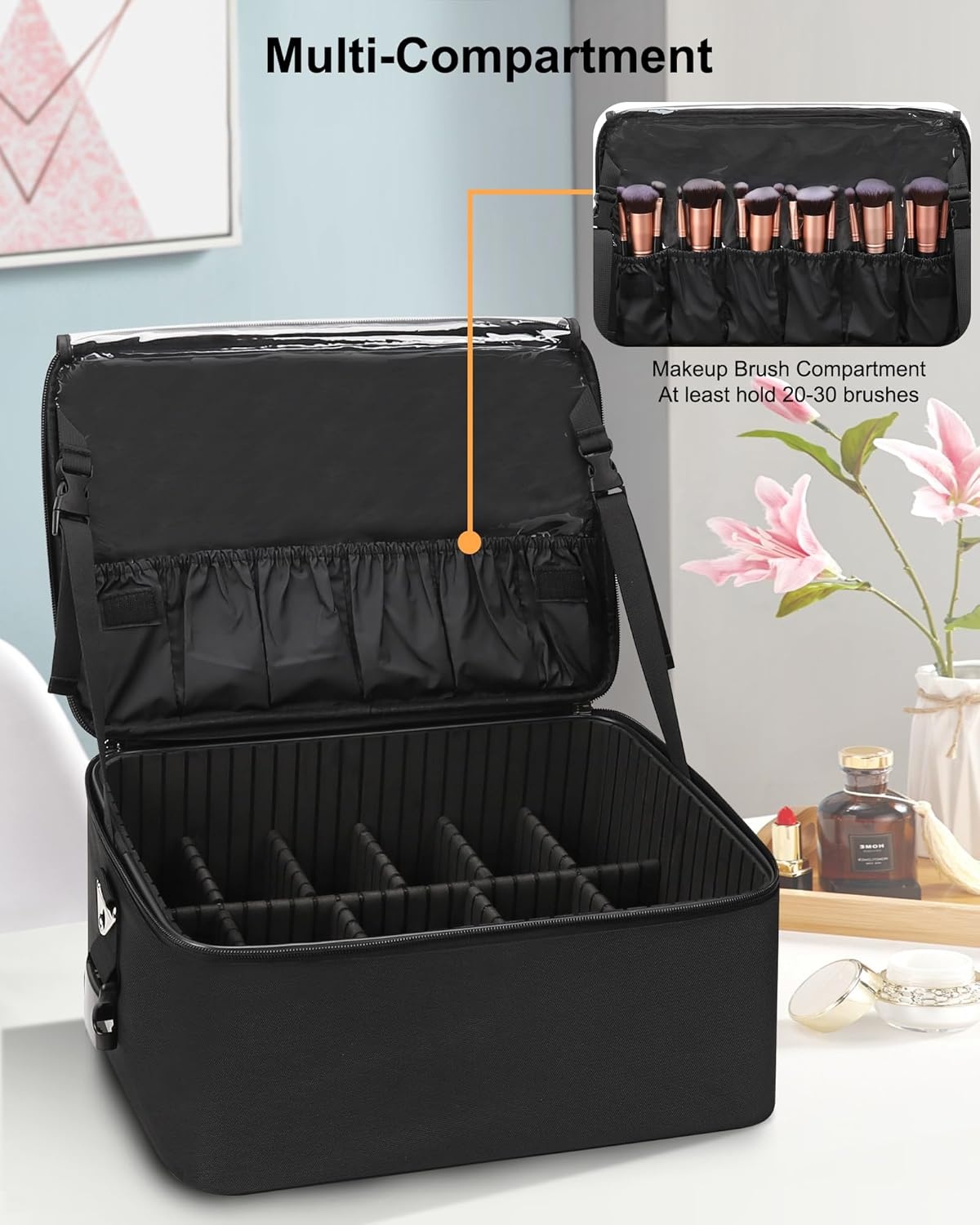 image:imageRelavel Extra Large Makeup Case Professional Cosmetic Storage Organizer Box Brush Holder with 4 Clear Set Bags amp Lipstick Plate for Makeup Artists with Shoulder Strap amp Adjustable DividersBlack