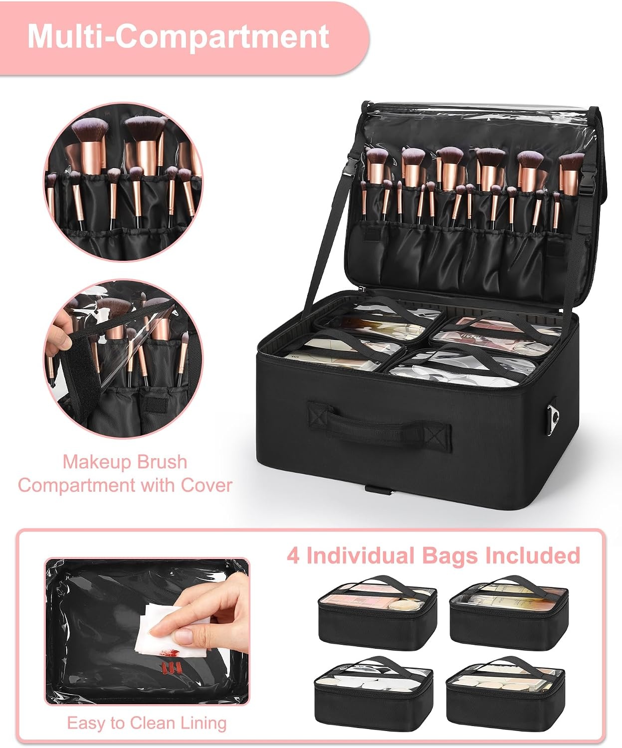 image:imageRelavel Extra Large Makeup Case Professional Cosmetic Storage Organizer Box Brush Holder with 4 Clear Set Bags amp Lipstick Plate for Makeup Artists with Shoulder Strap amp Adjustable DividersBlack with Clear Makeup Bag