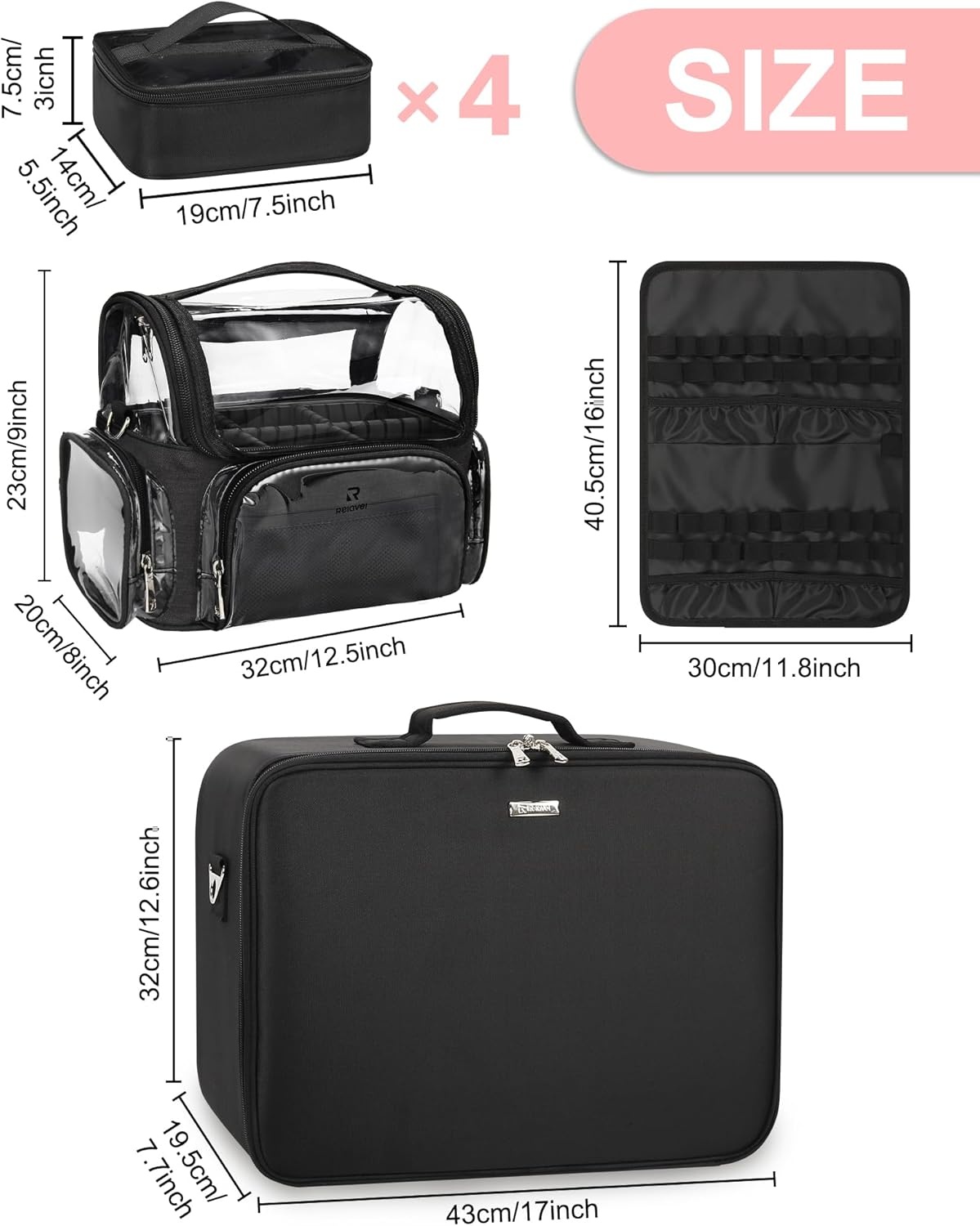 image:imageRelavel Extra Large Makeup Case Professional Cosmetic Storage Organizer Box Brush Holder with 4 Clear Set Bags amp Lipstick Plate for Makeup Artists with Shoulder Strap amp Adjustable DividersBlack with Brush Case