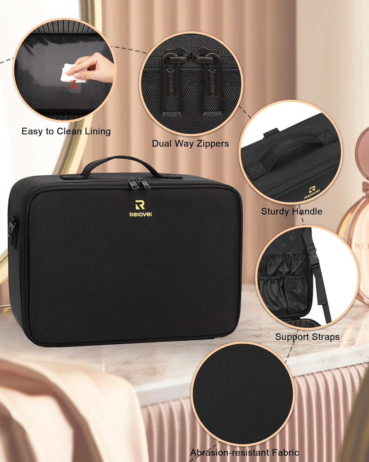 image:imageRelavel Extra Large Makeup Case with 4 Pcs Makeup Bags Professional Makeup Artist Set Portable Nail Organizer Box Art Supply Case with Adjustable Dividers 5 Pack blackBlack with 3 clear bags
