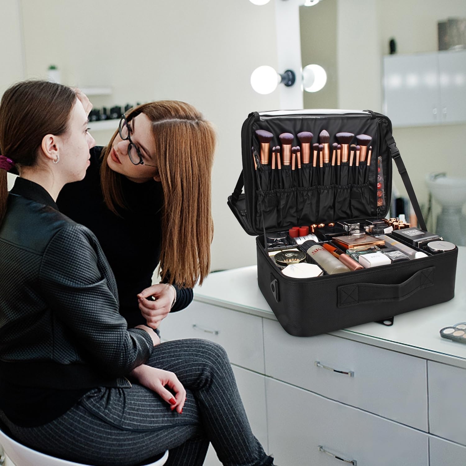 image:imageRelavel Extra Large Makeup Case with 4 Pcs Makeup Bags Professional Makeup Artist Set Portable Nail Organizer Box Art Supply Case with Adjustable Dividers 5 Pack blackBlack with Plastic Dividers