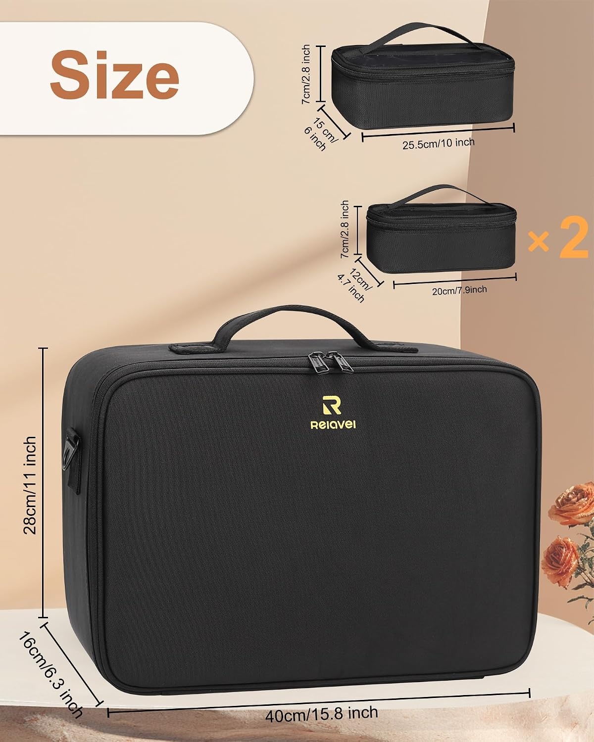 image:imageRelavel Extra Large Makeup Case with 4 Pcs Makeup Bags Professional Makeup Artist Set Portable Nail Organizer Box Art Supply Case with Adjustable Dividers 5 Pack blackBlack with 3 clear bags