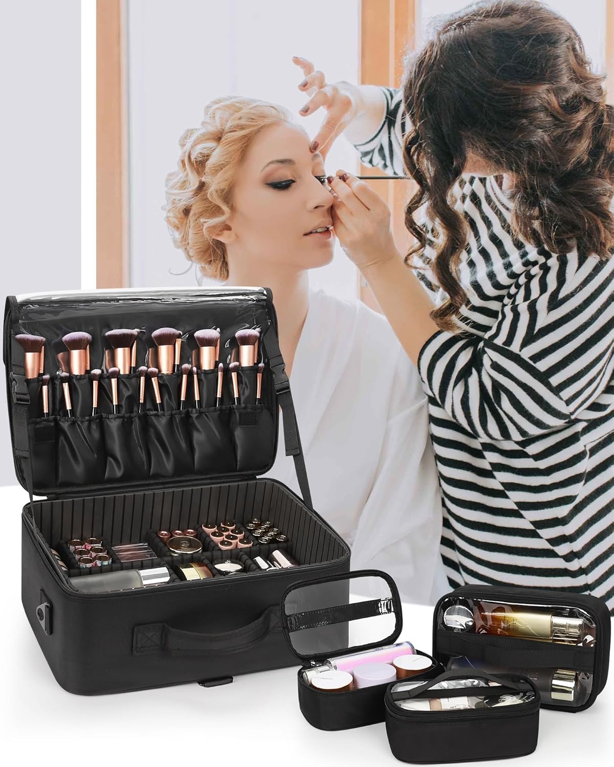 image:imageRelavel Extra Large Makeup Case with 4 Pcs Makeup Bags Professional Makeup Artist Set Portable Nail Organizer Box Art Supply Case with Adjustable Dividers 5 Pack blackBlack with 3 clear bags