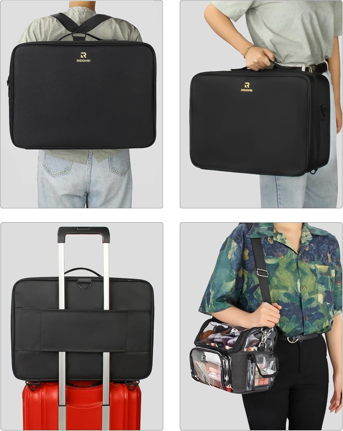 image:imageRelavel Extra Large Makeup Case with 4 Pcs Makeup Bags Professional Makeup Artist Set Portable Nail Organizer Box Art Supply Case with Adjustable Dividers 5 Pack blackBlack with Clear Makeup Case