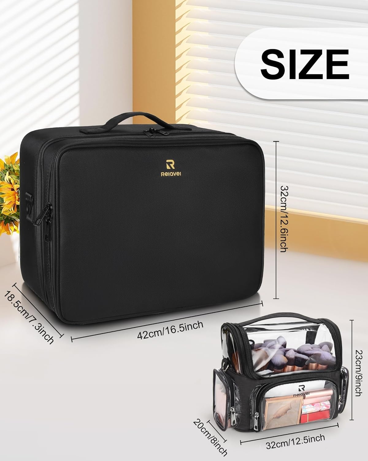 image:imageRelavel Extra Large Makeup Case with 4 Pcs Makeup Bags Professional Makeup Artist Set Portable Nail Organizer Box Art Supply Case with Adjustable Dividers 5 Pack blackBlack with Clear Makeup Case