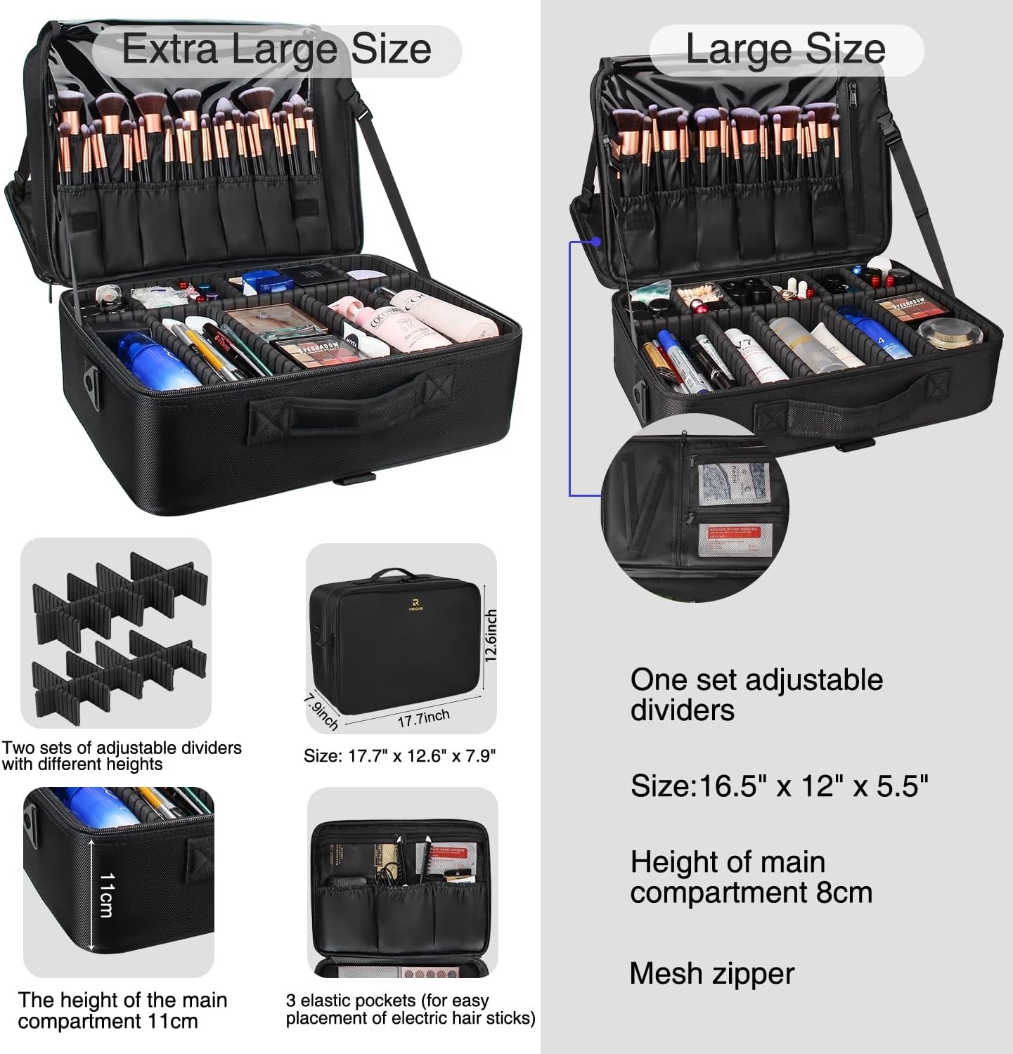 image:imageRelavel Extra Large Makeup Case with 4 Pcs Makeup Bags Professional Makeup Artist Set Portable Nail Organizer Box Art Supply Case with Adjustable Dividers 5 Pack blackBlack with 4 Makeup Bags