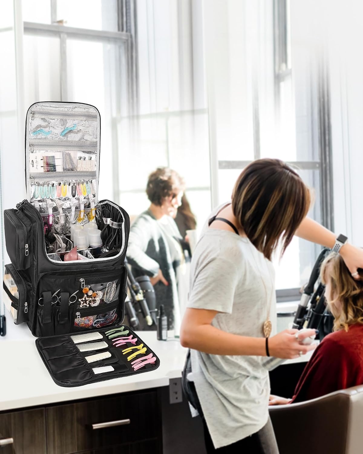 image:imageRelavel Hair Tools Travel Bag Hair Stylist Backpack Hairdresser Cosmetology Bag Heat Insulation Full Layer for Curling Iron Hair Straightener Travel Accessories Train Case Barber Organizer BlackBlack