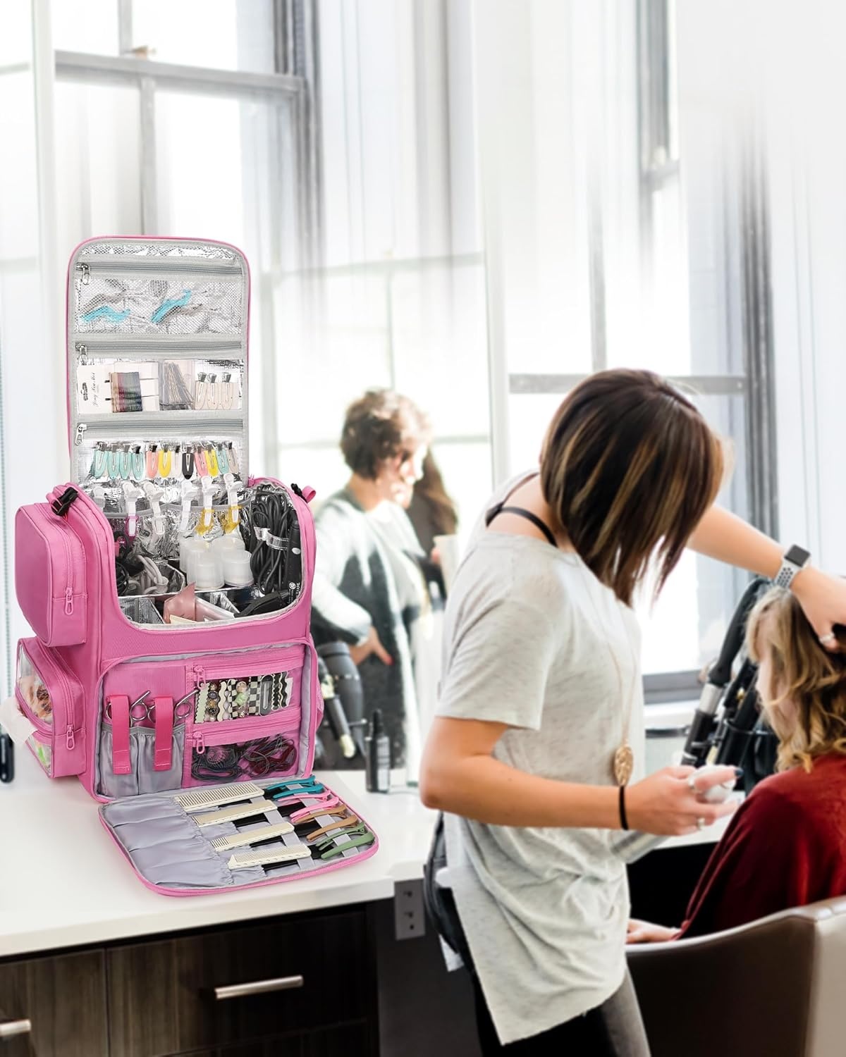 image:imageRelavel Hair Tools Travel Bag Hair Stylist Backpack Hairdresser Cosmetology Bag Heat Insulation Full Layer for Curling Iron Hair Straightener Travel Accessories Train Case Barber Organizer BlackRose Pink