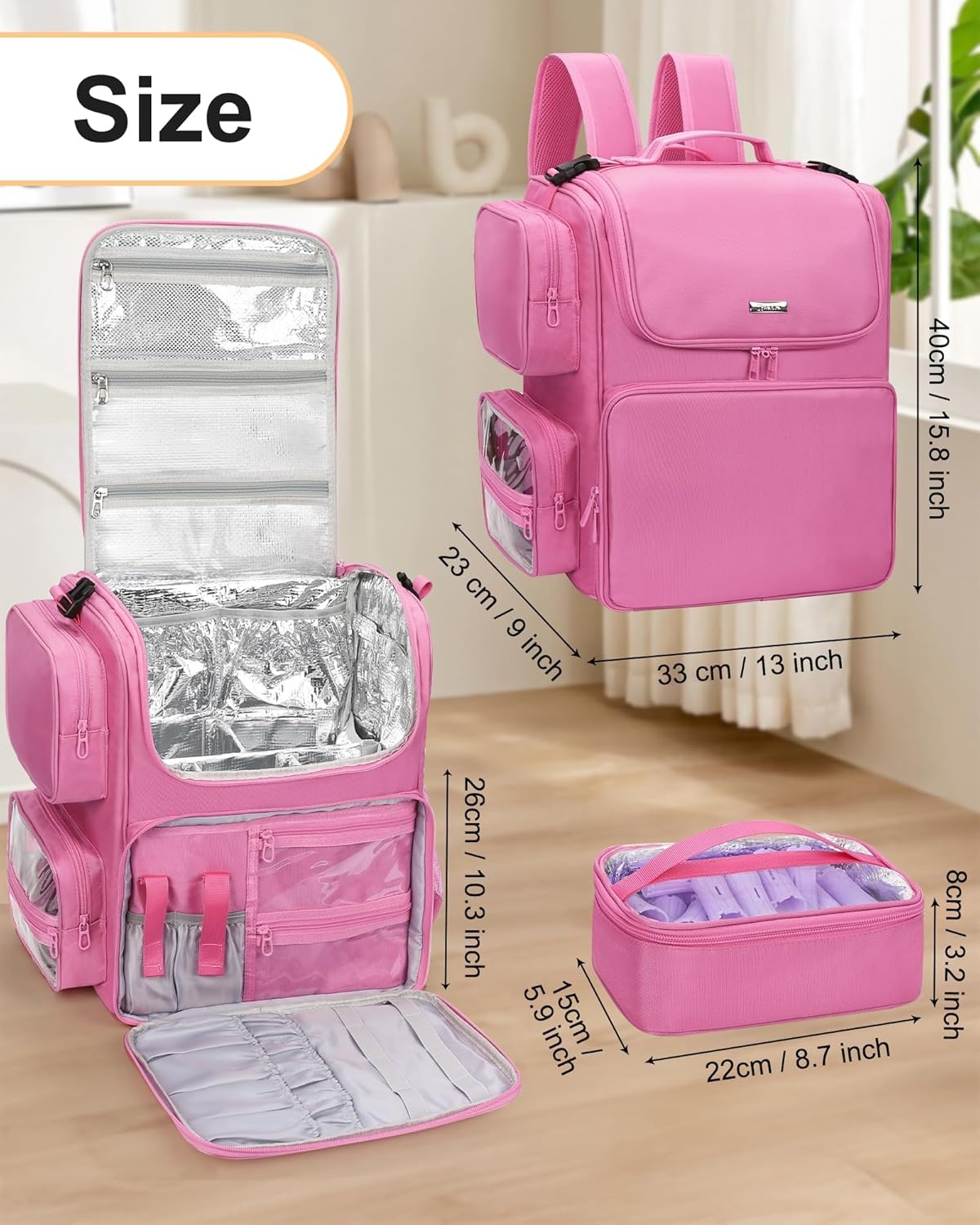 image:imageRelavel Hair Tools Travel Bag Hair Stylist Backpack Hairdresser Cosmetology Bag Heat Insulation Full Layer for Curling Iron Hair Straightener Travel Accessories Train Case Barber Organizer BlackRose Pink