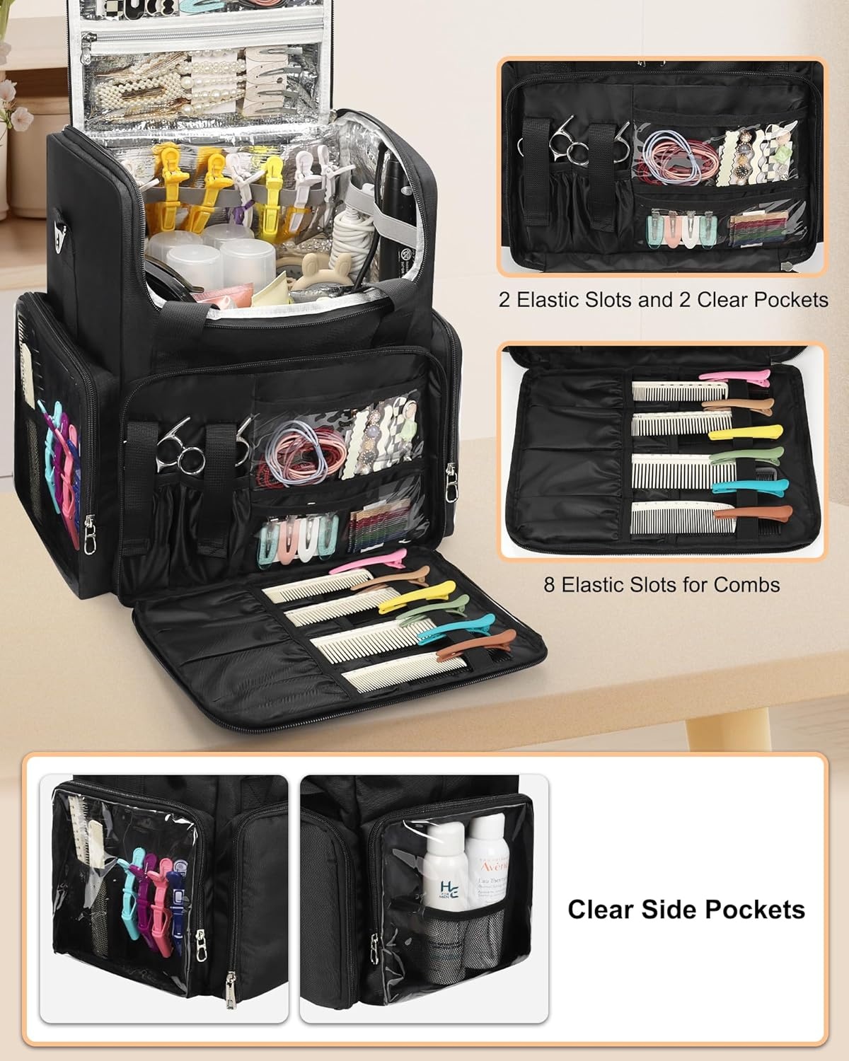 image:imageRelavel Hair Tools Travel Bag Hairstylist Traveling Bag Hairdresser Cosmetology Bag Storage Organizer Case for Hair Stylist Essentials Barber Accessories with Adjustable Dividers and Shoulder StrapBlack with 4 small bags