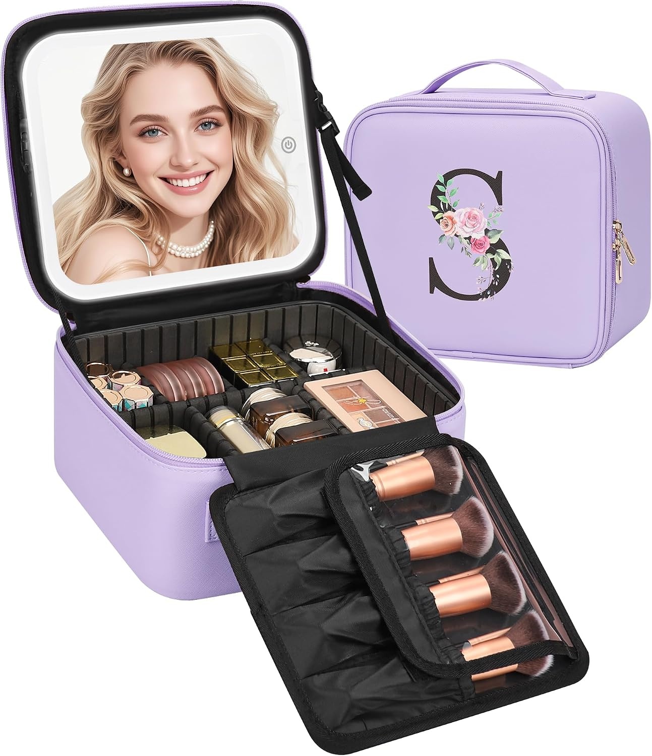 image:imageRelavel Initial Makeup Bag with LED Mirror for Women Personalized Monogram Travel Cosmetic Organizer Train Case Gifts for Teens Girls Grandkids Graduation Teacher Friends Trendy Stuff Pink APurple