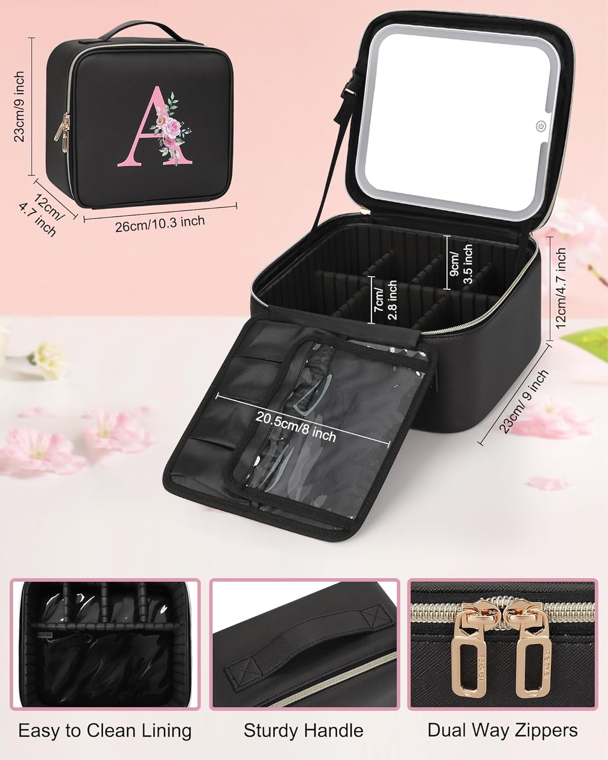 image:imageRelavel Initial Makeup Bag with LED Mirror for Women Personalized Monogram Travel Cosmetic Organizer Train Case Gifts for Teens Girls Grandkids Graduation Teacher Friends Trendy Stuff Pink ABlack