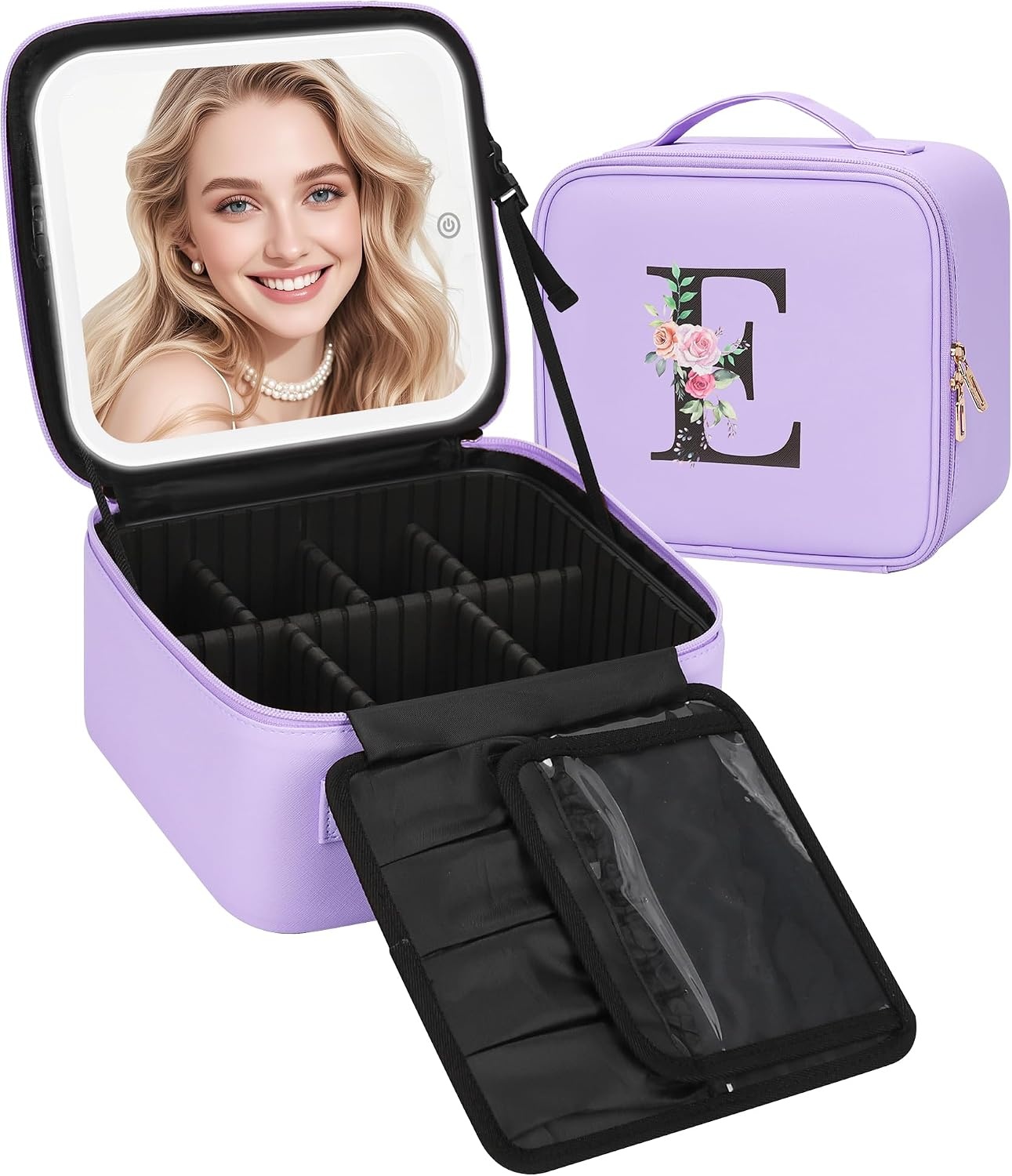 image:imageRelavel Initial Makeup Bag with LED Mirror for Women Personalized Monogram Travel Cosmetic Organizer Train Case Gifts for Teens Girls Grandkids Graduation Teacher Friends Trendy Stuff Pink APurple