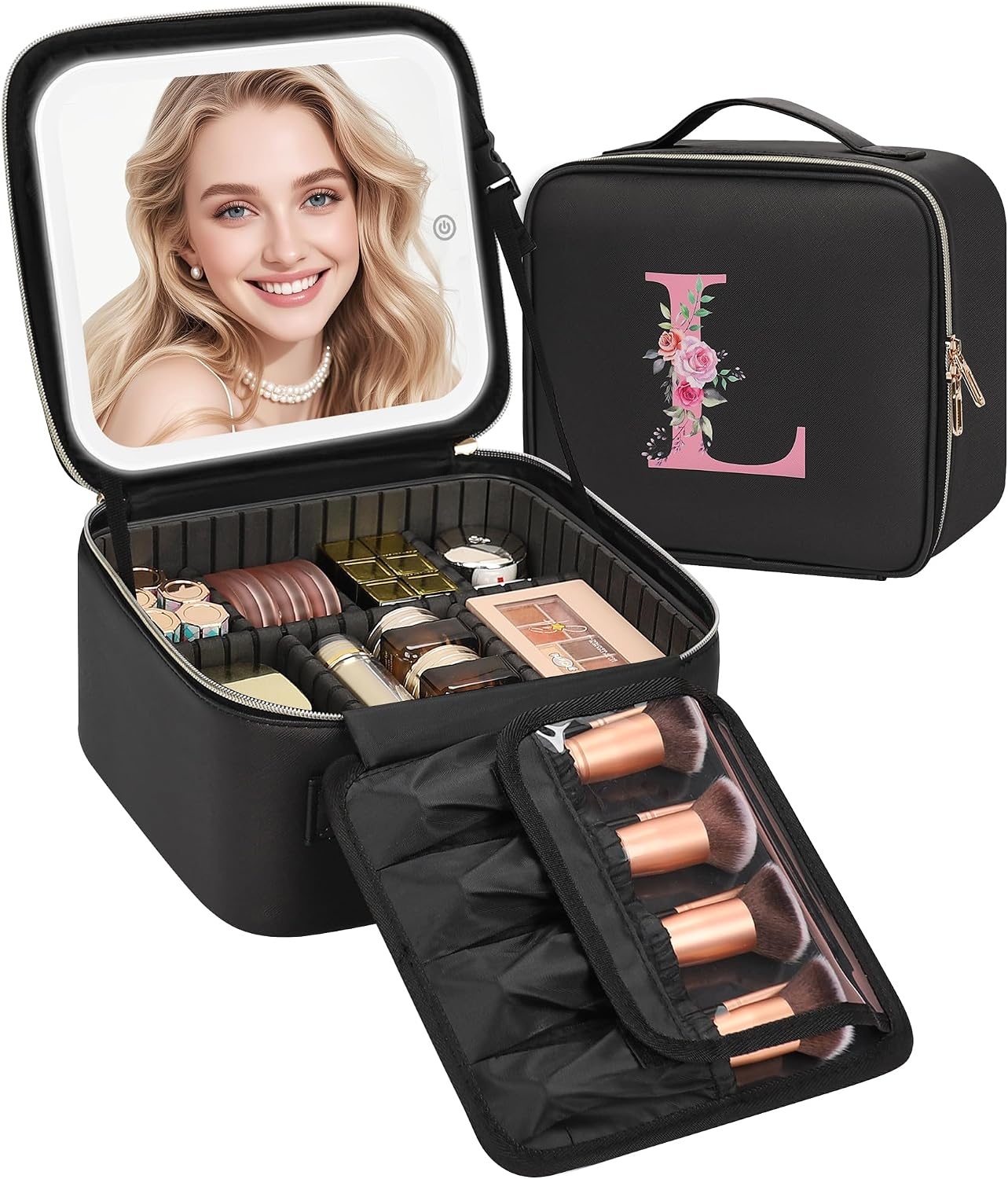 image:imageRelavel Initial Makeup Bag with LED Mirror for Women Personalized Monogram Travel Cosmetic Organizer Train Case Gifts for Teens Girls Grandkids Graduation Teacher Friends Trendy Stuff Pink ABlack