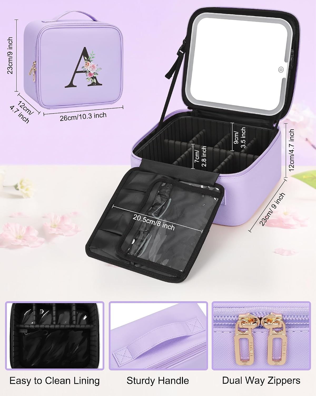 image:imageRelavel Initial Makeup Bag with LED Mirror for Women Personalized Monogram Travel Cosmetic Organizer Train Case Gifts for Teens Girls Grandkids Graduation Teacher Friends Trendy Stuff Pink APurple