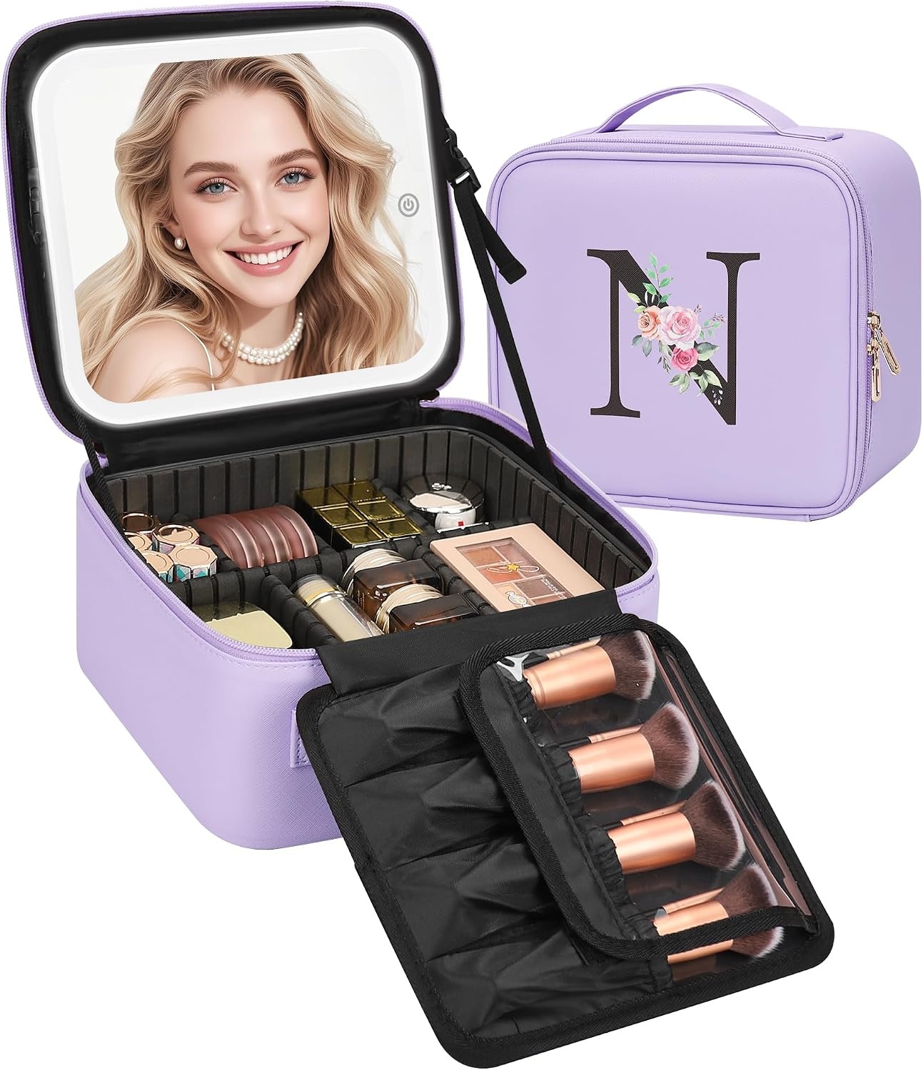image:imageRelavel Initial Makeup Bag with LED Mirror for Women Personalized Monogram Travel Cosmetic Organizer Train Case Gifts for Teens Girls Grandkids Graduation Teacher Friends Trendy Stuff Pink APurple