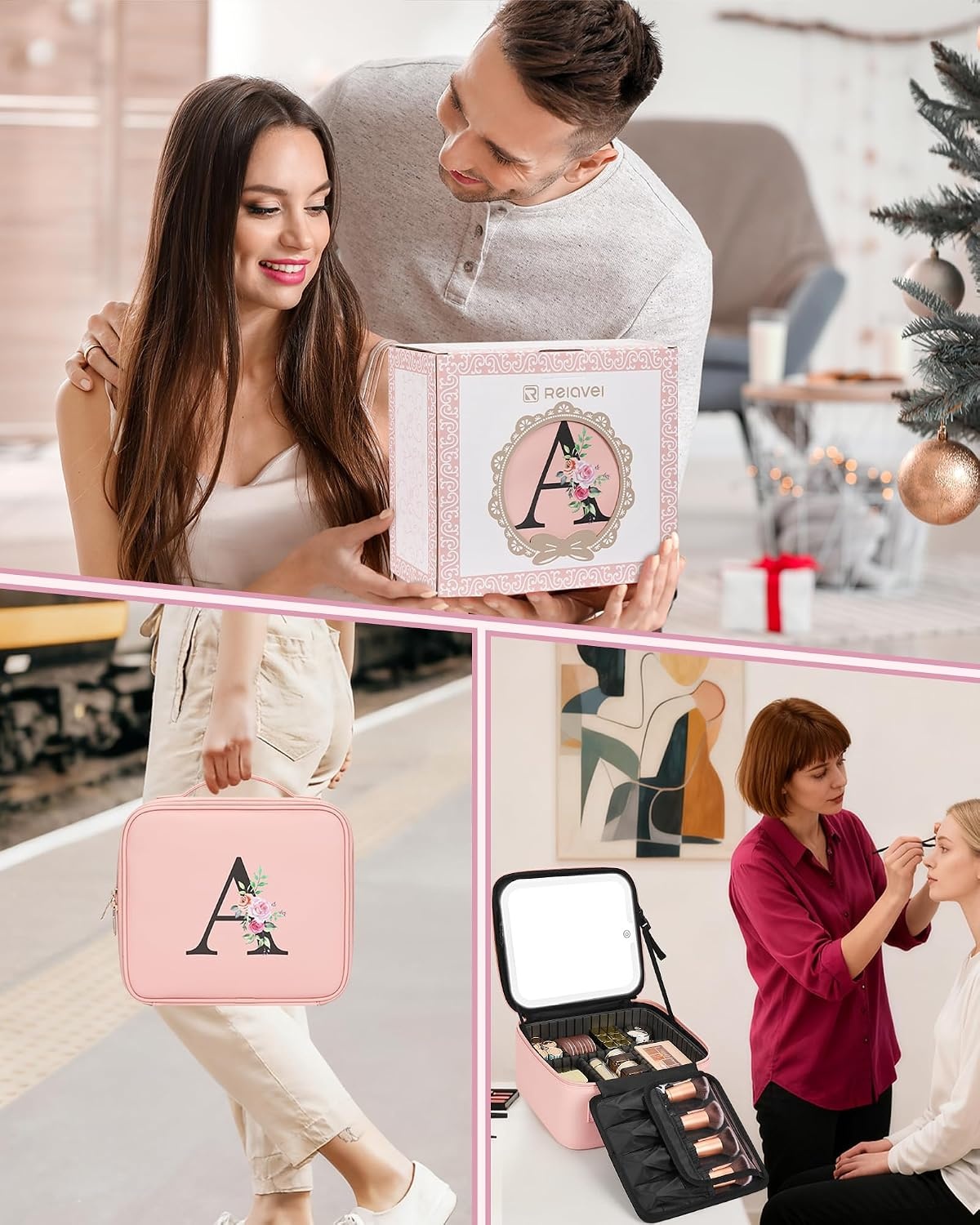 image:imageRelavel Initial Makeup Bag with LED Mirror for Women Personalized Monogram Travel Cosmetic Organizer Train Case Gifts for Teens Girls Grandkids Graduation Teacher Friends Trendy Stuff Pink APink