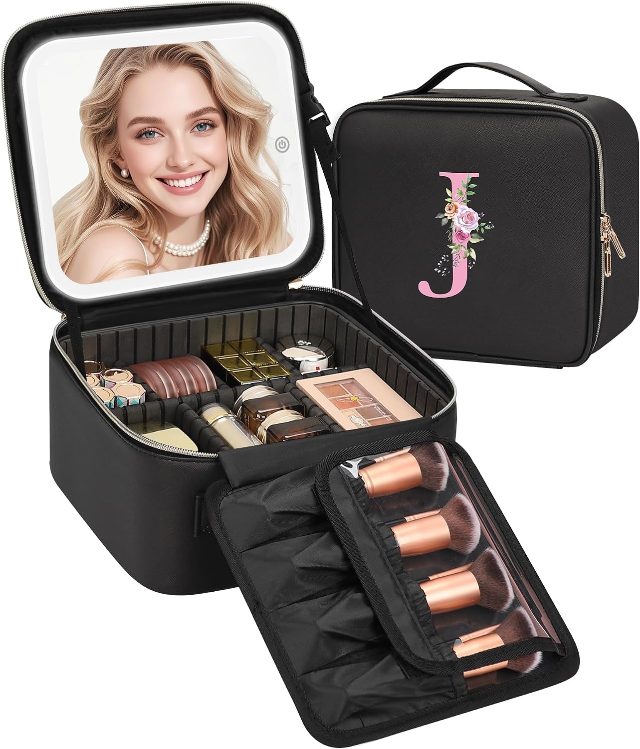 image:imageRelavel Initial Makeup Bag with LED Mirror for Women Personalized Monogram Travel Cosmetic Organizer Train Case Gifts for Teens Girls Grandkids Graduation Teacher Friends Trendy Stuff Pink ABlack