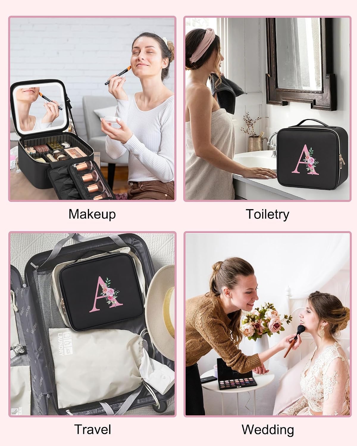 image:imageRelavel Initial Makeup Bag with LED Mirror for Women Personalized Monogram Travel Cosmetic Organizer Train Case Gifts for Teens Girls Grandkids Graduation Teacher Friends Trendy Stuff Pink ABlack