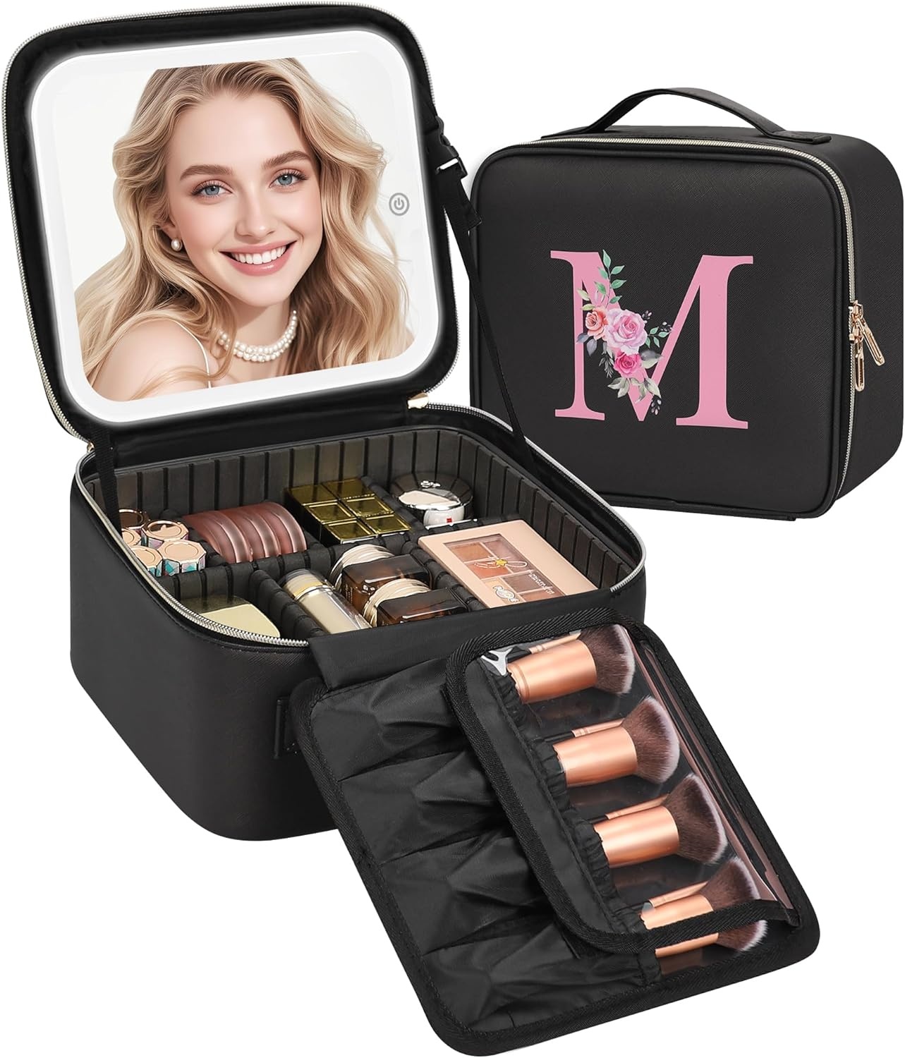 image:imageRelavel Initial Makeup Bag with LED Mirror for Women Personalized Monogram Travel Cosmetic Organizer Train Case Gifts for Teens Girls Grandkids Graduation Teacher Friends Trendy Stuff Pink ABlack