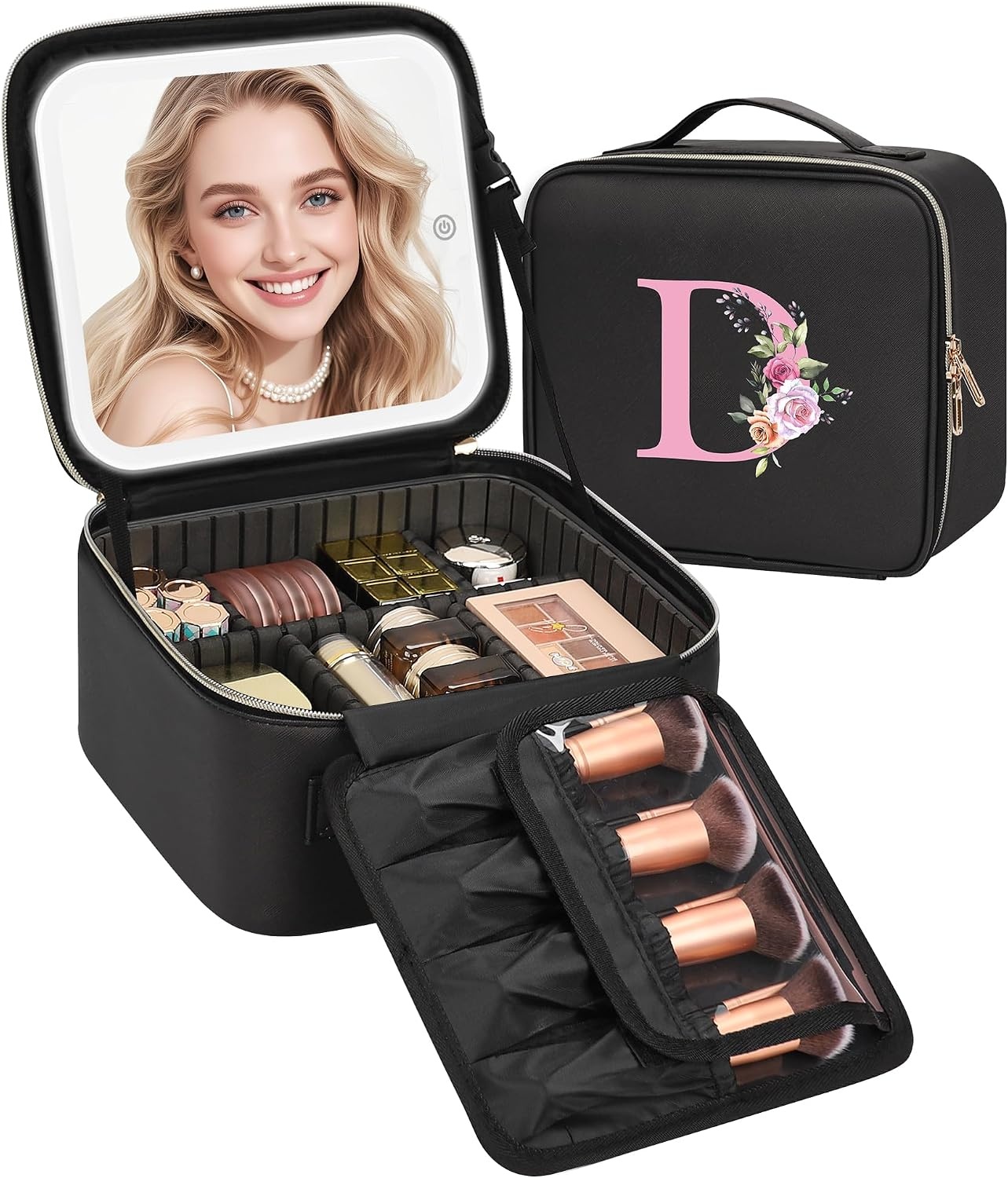 image:imageRelavel Initial Makeup Bag with LED Mirror for Women Personalized Monogram Travel Cosmetic Organizer Train Case Gifts for Teens Girls Grandkids Graduation Teacher Friends Trendy Stuff Pink ABlack