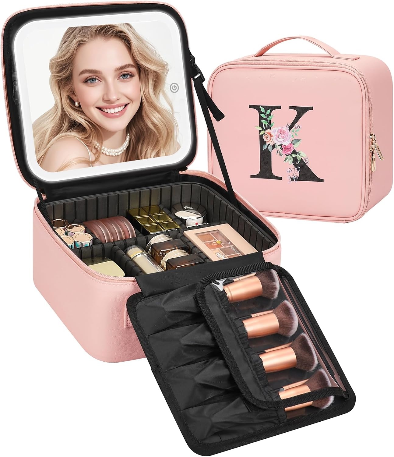 image:imageRelavel Initial Makeup Bag with LED Mirror for Women Personalized Monogram Travel Cosmetic Organizer Train Case Gifts for Teens Girls Grandkids Graduation Teacher Friends Trendy Stuff Pink APink