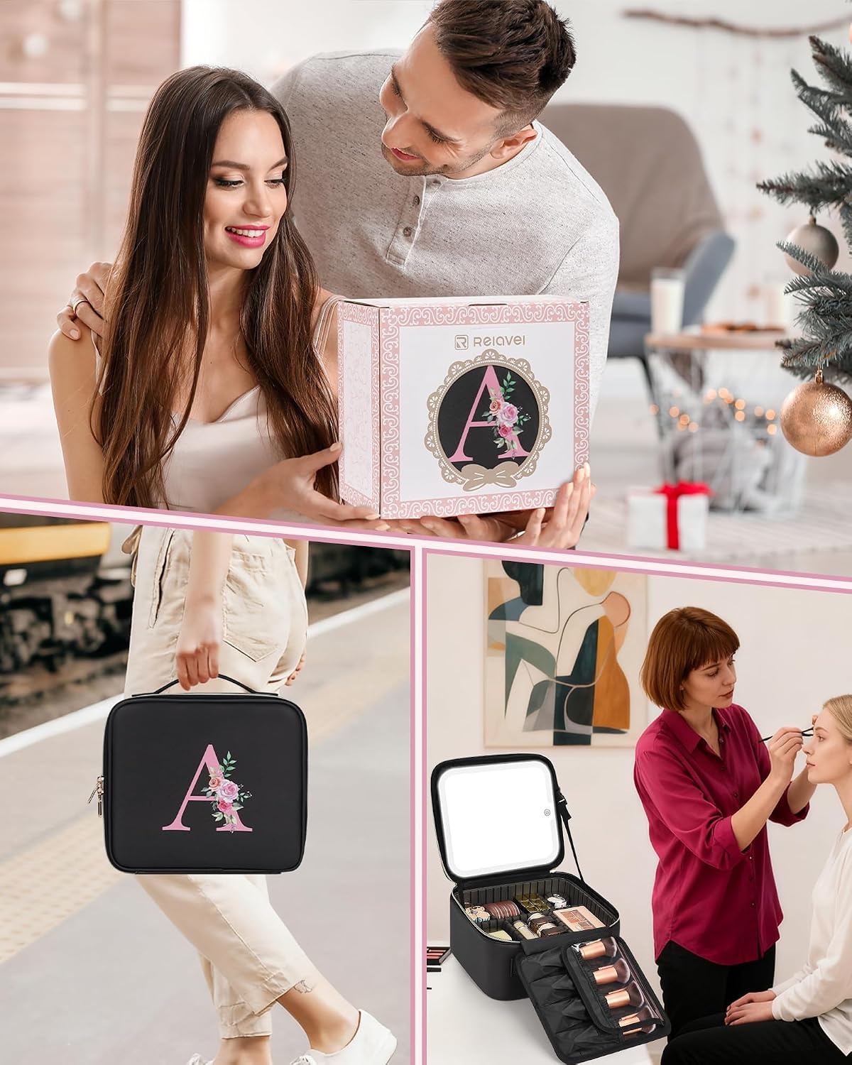 image:imageRelavel Initial Makeup Bag with LED Mirror for Women Personalized Monogram Travel Cosmetic Organizer Train Case Gifts for Teens Girls Grandkids Graduation Teacher Friends Trendy Stuff Pink ABlack