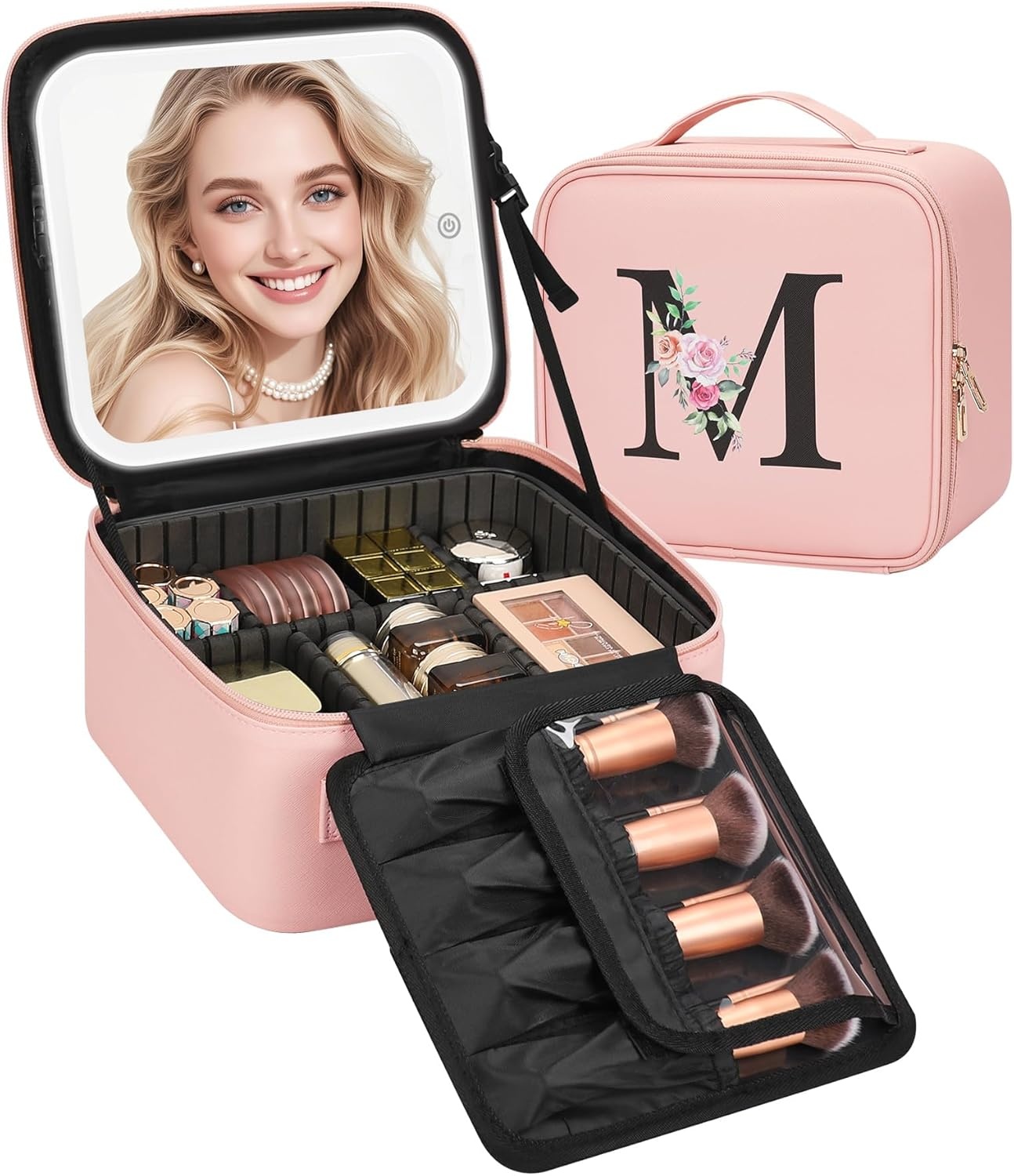 image:imageRelavel Initial Makeup Bag with LED Mirror for Women Personalized Monogram Travel Cosmetic Organizer Train Case Gifts for Teens Girls Grandkids Graduation Teacher Friends Trendy Stuff Pink APink