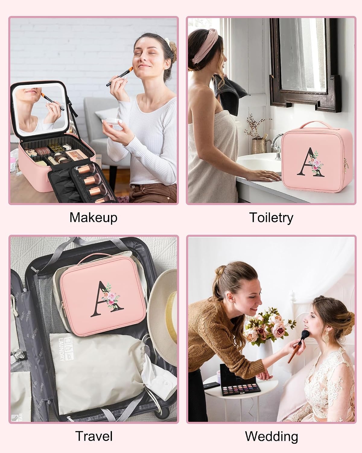 image:imageRelavel Initial Makeup Bag with LED Mirror for Women Personalized Monogram Travel Cosmetic Organizer Train Case Gifts for Teens Girls Grandkids Graduation Teacher Friends Trendy Stuff Pink APink