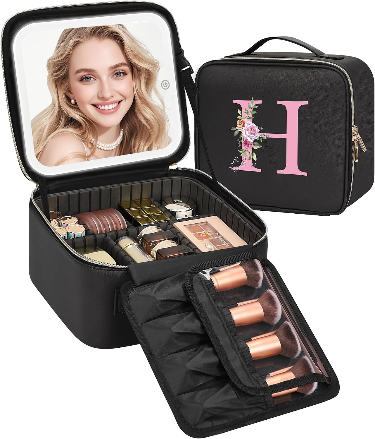 image:imageRelavel Initial Makeup Bag with LED Mirror for Women Personalized Monogram Travel Cosmetic Organizer Train Case Gifts for Teens Girls Grandkids Graduation Teacher Friends Trendy Stuff Pink ABlack
