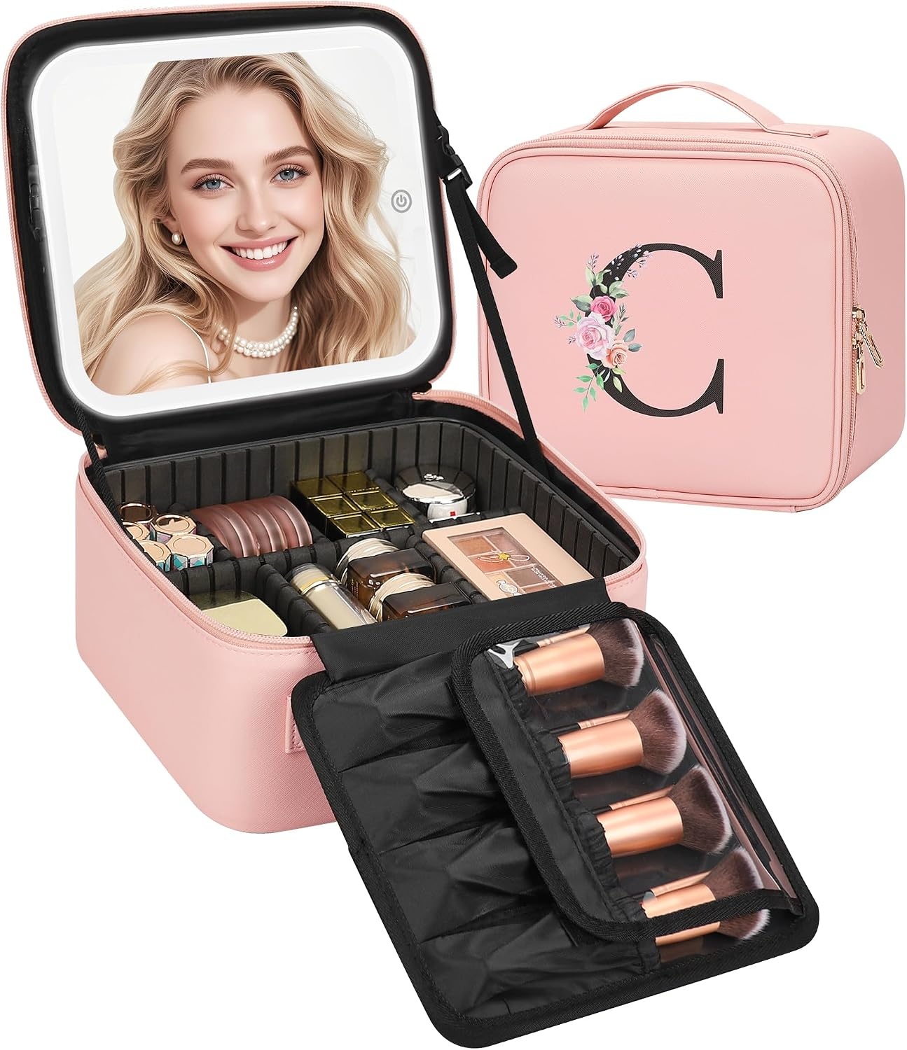 image:imageRelavel Initial Makeup Bag with LED Mirror for Women Personalized Monogram Travel Cosmetic Organizer Train Case Gifts for Teens Girls Grandkids Graduation Teacher Friends Trendy Stuff Pink APink