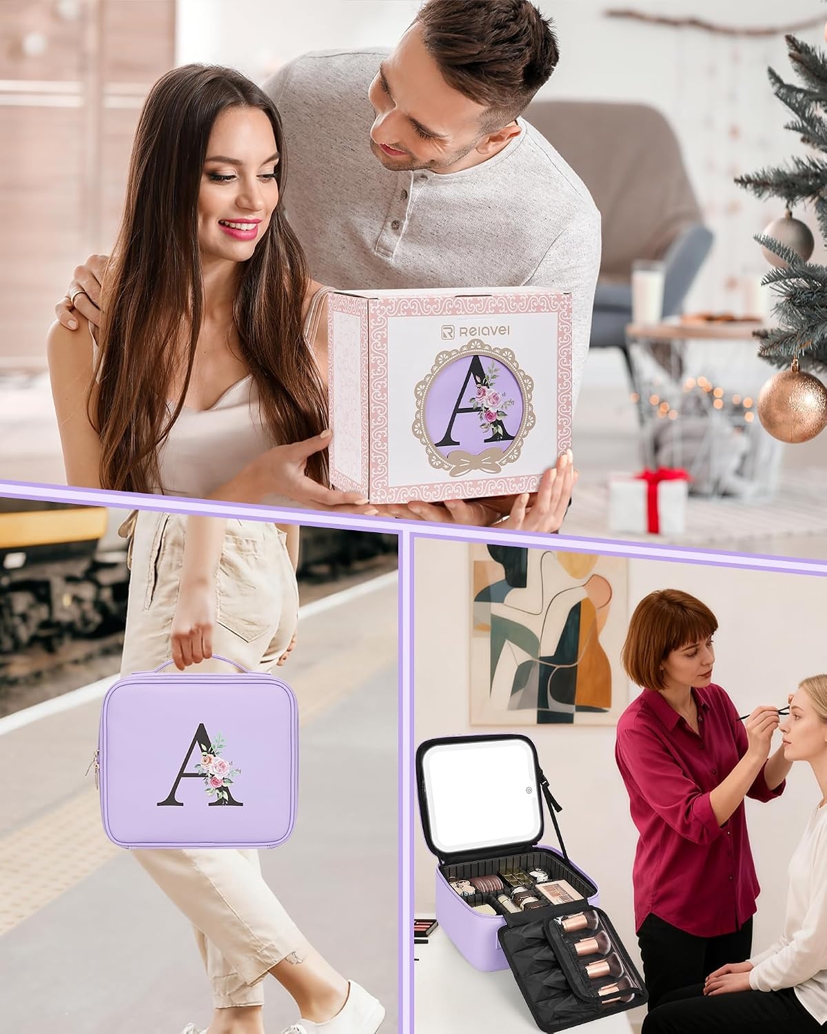 image:imageRelavel Initial Makeup Bag with LED Mirror for Women Personalized Monogram Travel Cosmetic Organizer Train Case Gifts for Teens Girls Grandkids Graduation Teacher Friends Trendy Stuff Pink APurple