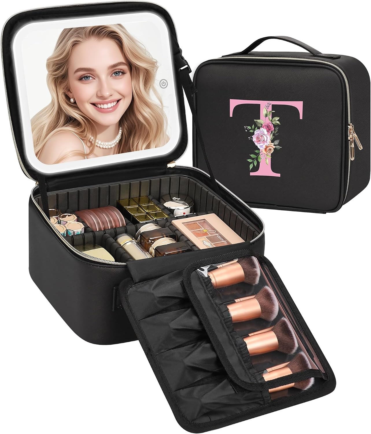 image:imageRelavel Initial Makeup Bag with LED Mirror for Women Personalized Monogram Travel Cosmetic Organizer Train Case Gifts for Teens Girls Grandkids Graduation Teacher Friends Trendy Stuff Pink ABlack