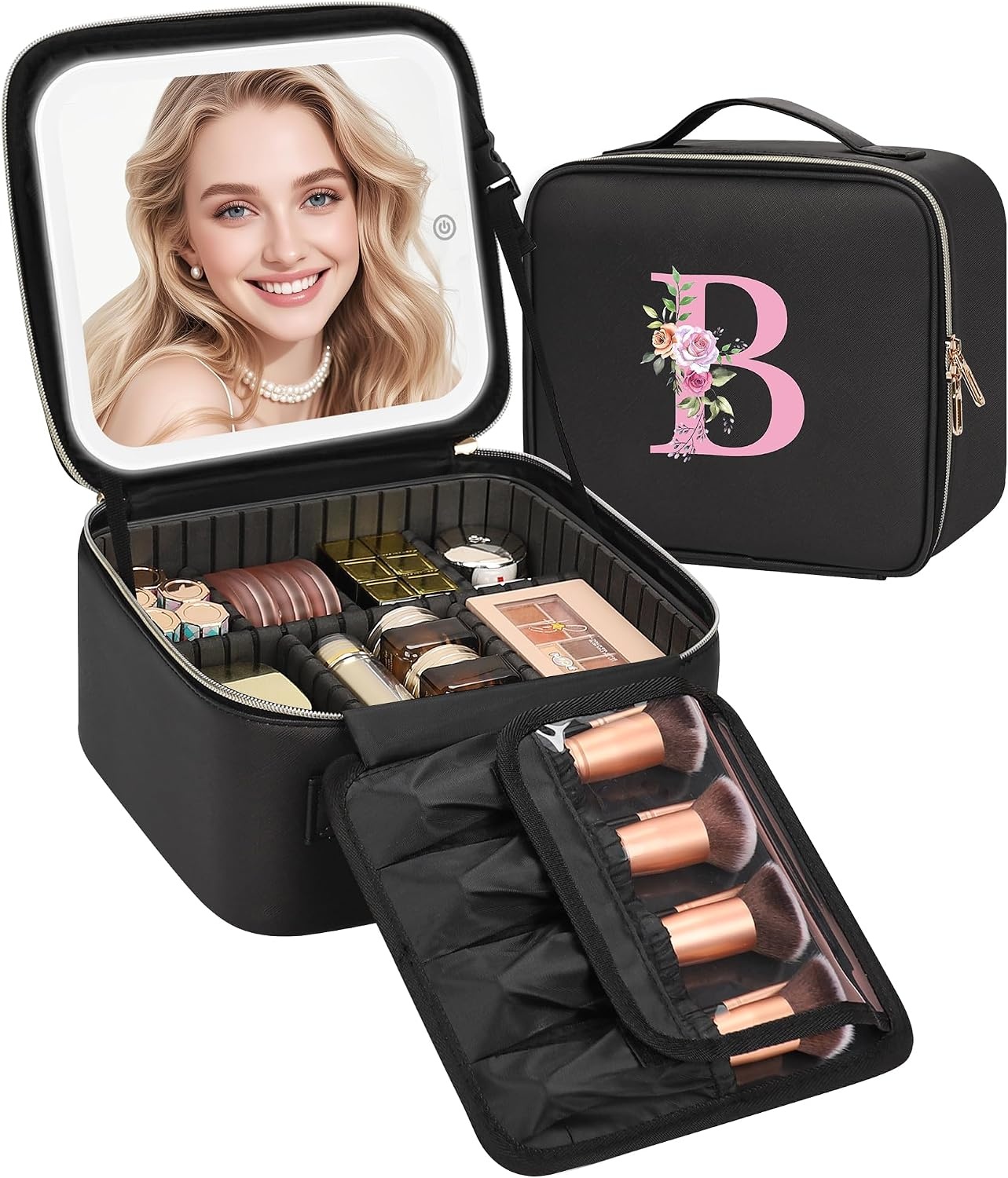 image:imageRelavel Initial Makeup Bag with LED Mirror for Women Personalized Monogram Travel Cosmetic Organizer Train Case Gifts for Teens Girls Grandkids Graduation Teacher Friends Trendy Stuff Pink ABlack