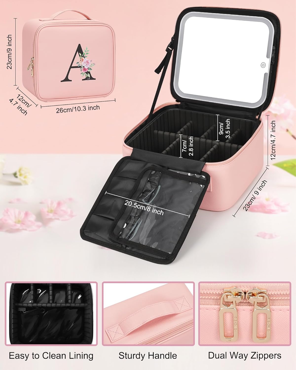 image:imageRelavel Initial Makeup Bag with LED Mirror for Women Personalized Monogram Travel Cosmetic Organizer Train Case Gifts for Teens Girls Grandkids Graduation Teacher Friends Trendy Stuff Pink APink