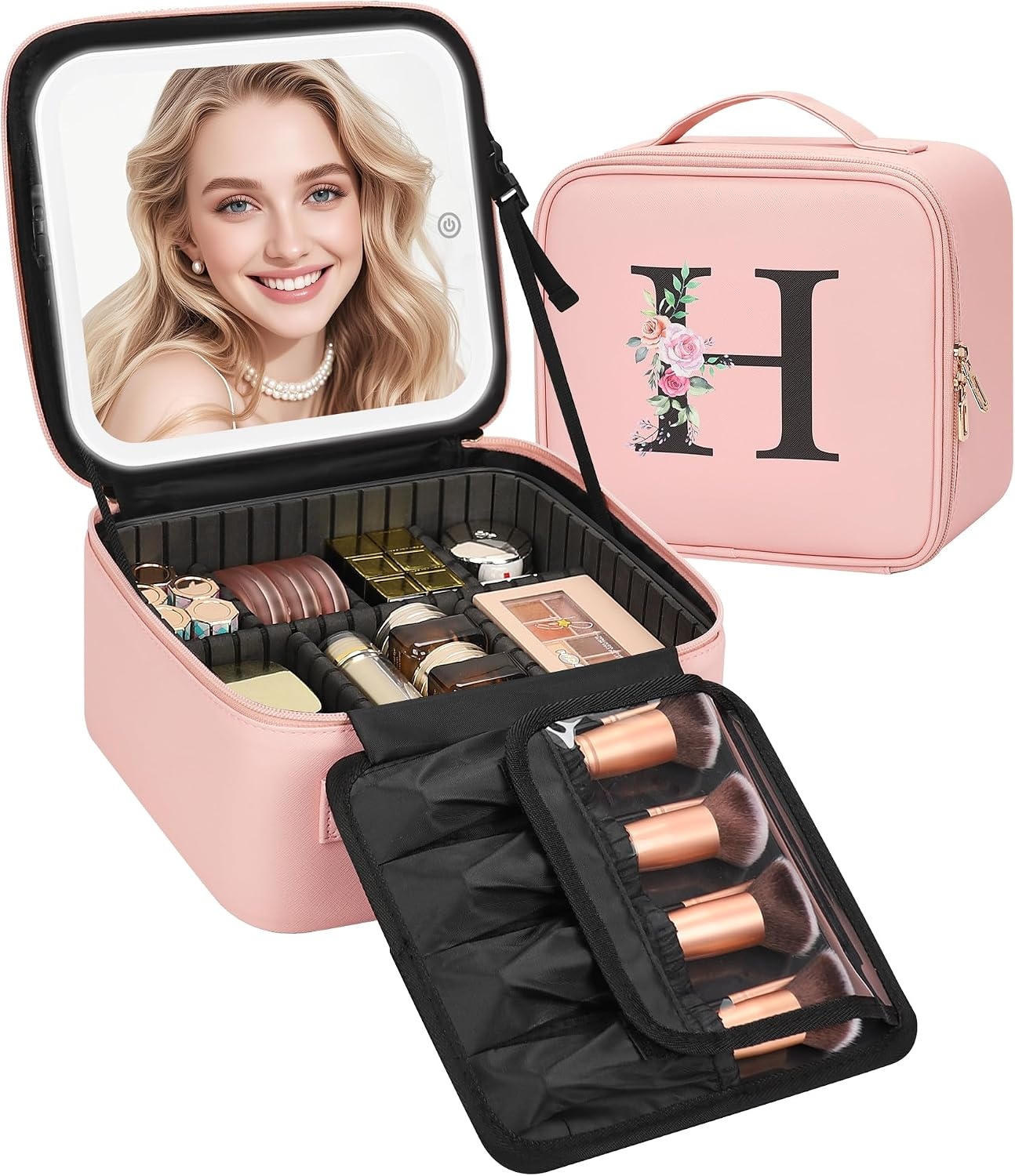 image:imageRelavel Initial Makeup Bag with LED Mirror for Women Personalized Monogram Travel Cosmetic Organizer Train Case Gifts for Teens Girls Grandkids Graduation Teacher Friends Trendy Stuff Pink APink