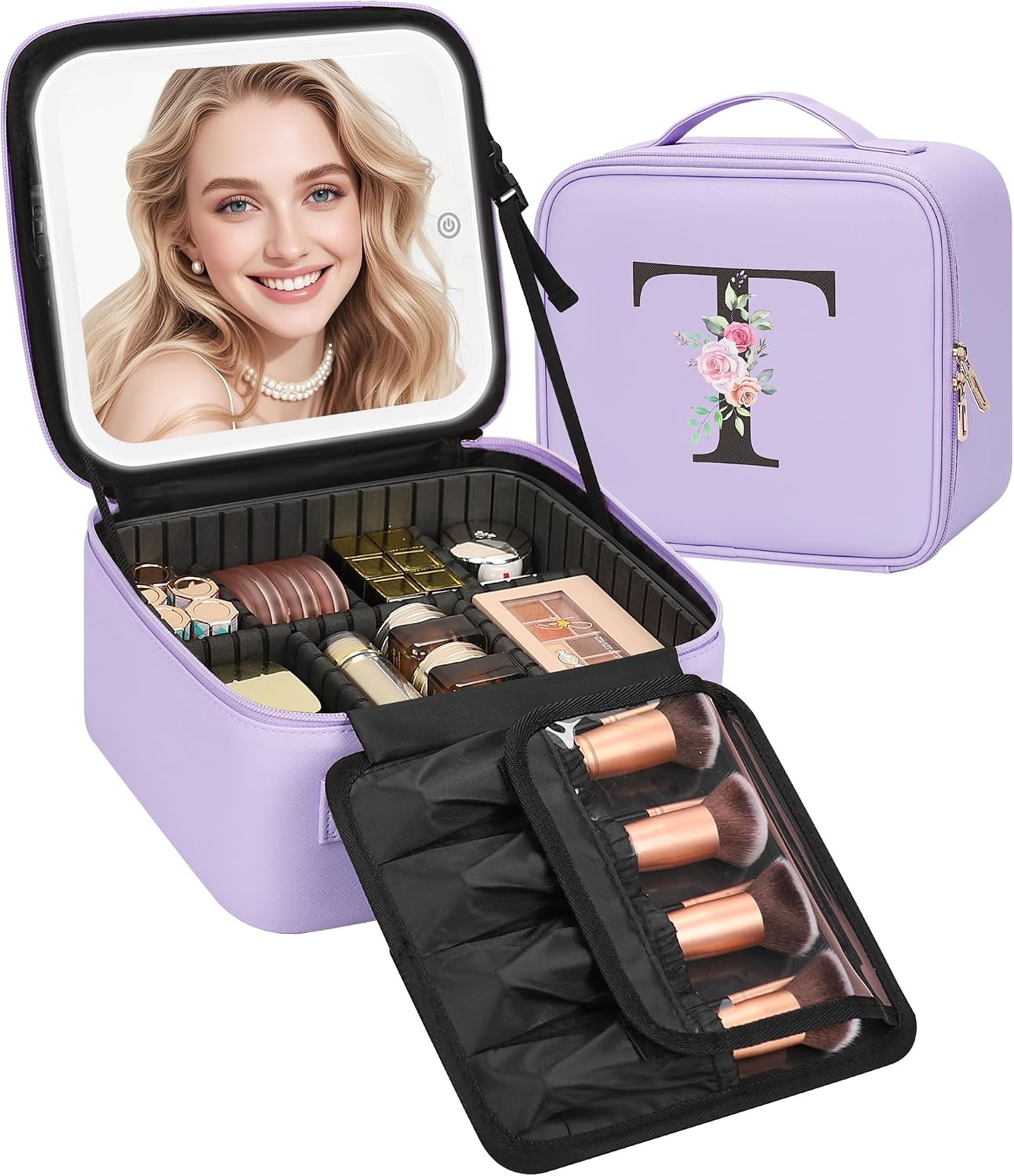 image:imageRelavel Initial Makeup Bag with LED Mirror for Women Personalized Monogram Travel Cosmetic Organizer Train Case Gifts for Teens Girls Grandkids Graduation Teacher Friends Trendy Stuff Pink APurple